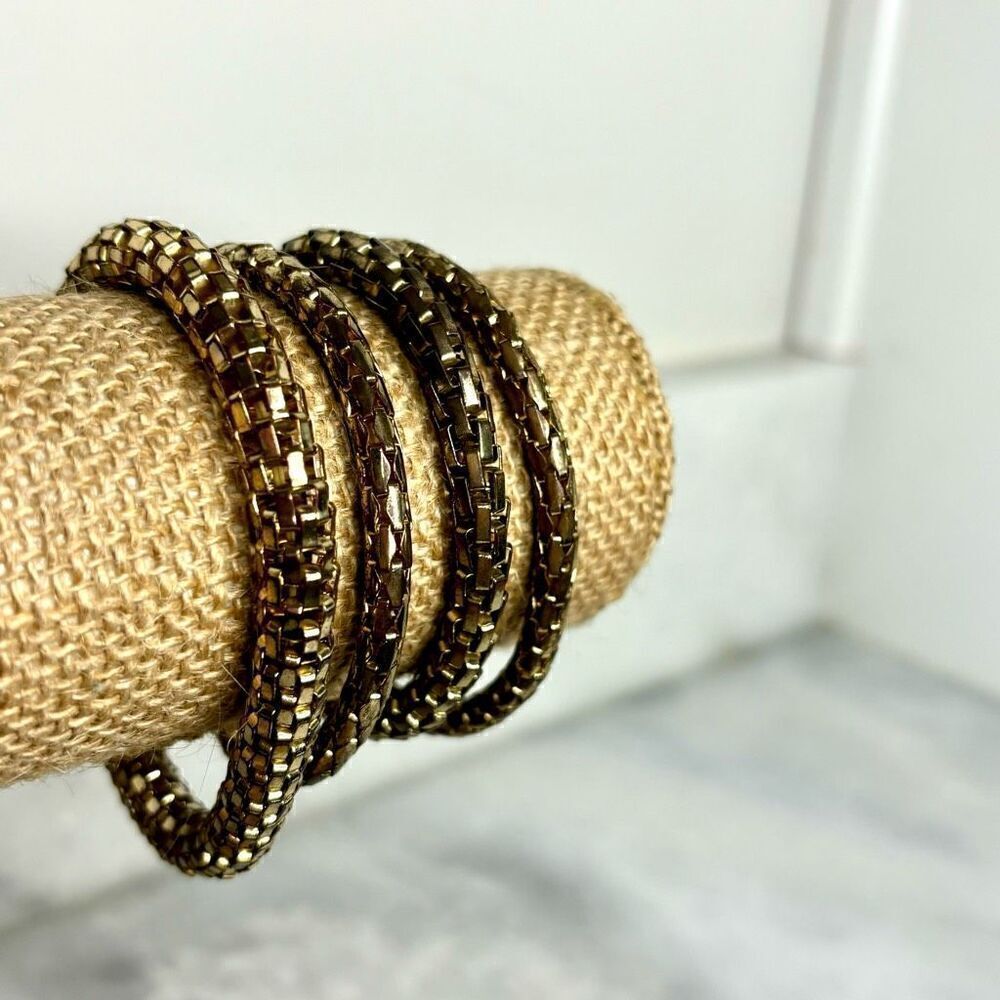 Set Of 4 Stack Metal Mesh Snake Chain Stretch Bracelet Gold-tone Multi Sizes